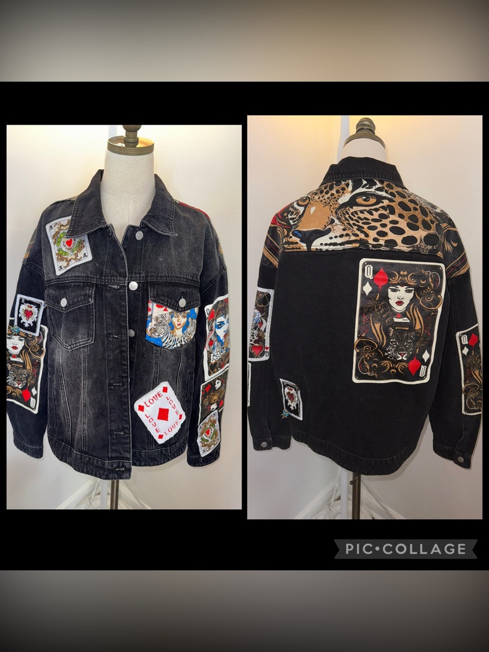 AKIRA Large Black Red Queen Of Hearts Printed Embellished Denim Oversized Jacket